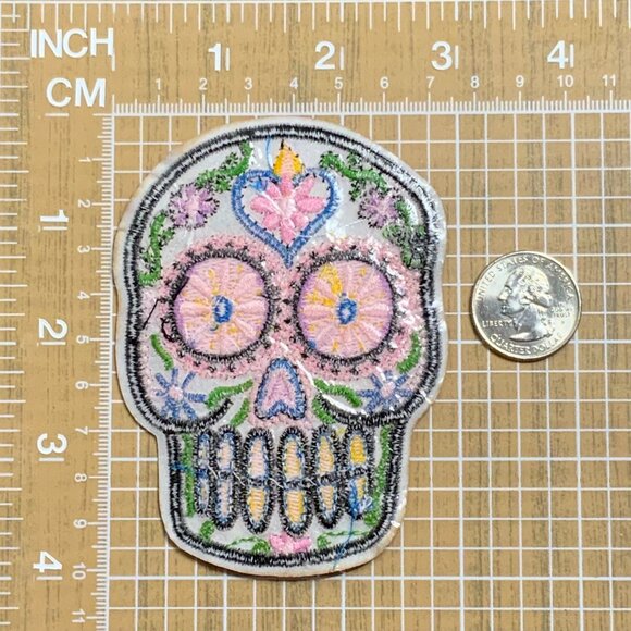 Red Pink Sugar Skull Iron on Patch Embroidered Heart Floral Dia de los Muertos - Picture 3 of 5
